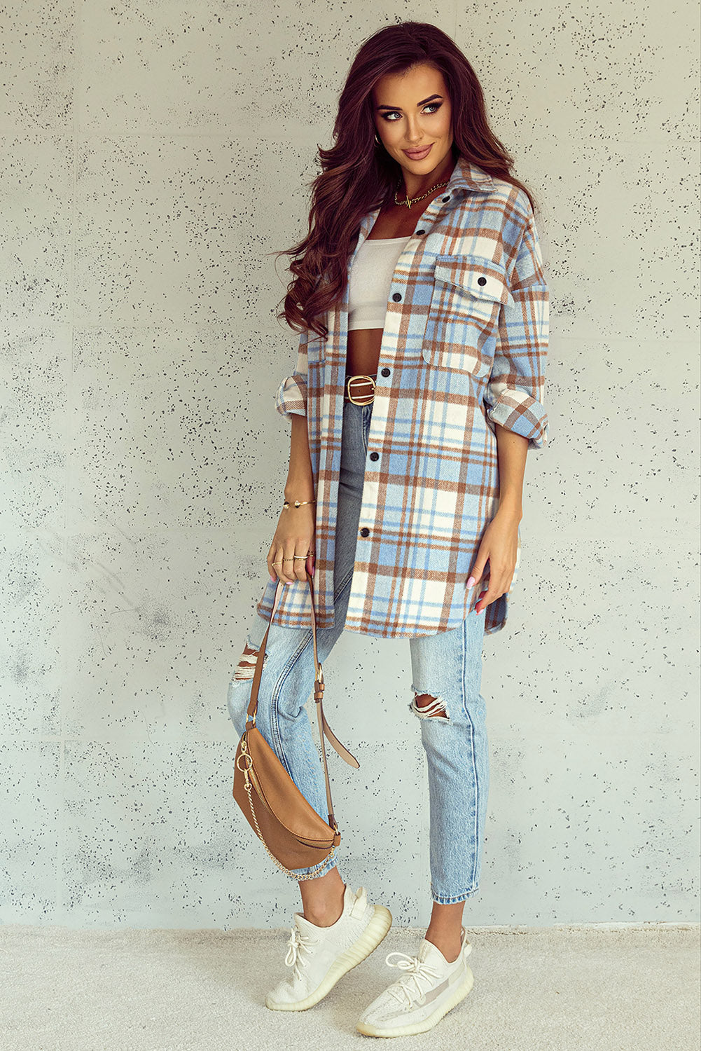 Sky Blue Plaid Flap Pocket Long Sleeve Shacket