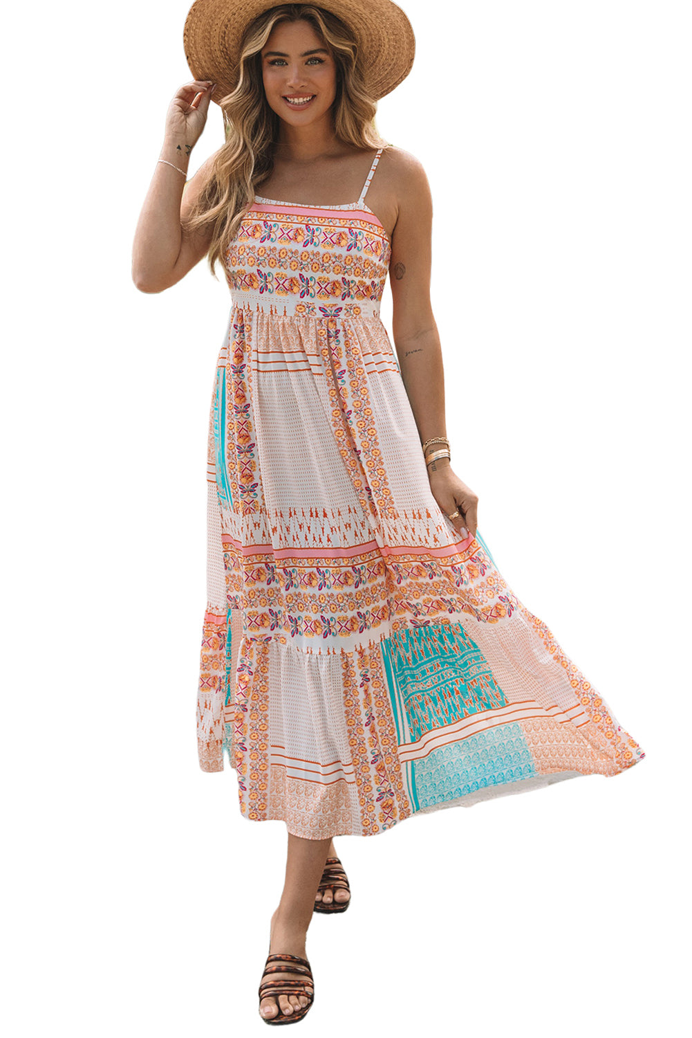 Multicolor Boho Patchwork Print Square Neck Sundress