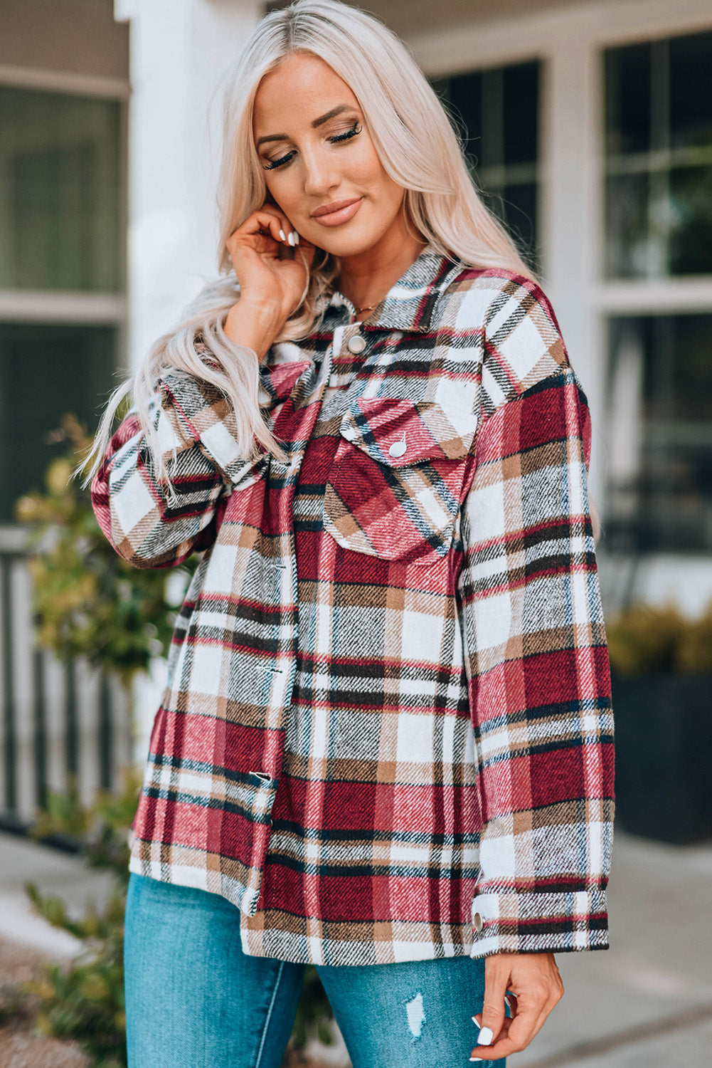 Red Geometric Plaid Print Pocketed Shacket