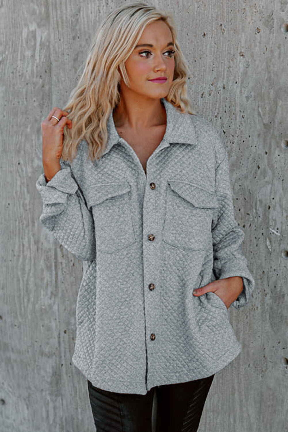 Gray Lattice Texture Retro Flap Pocket Button Shacket