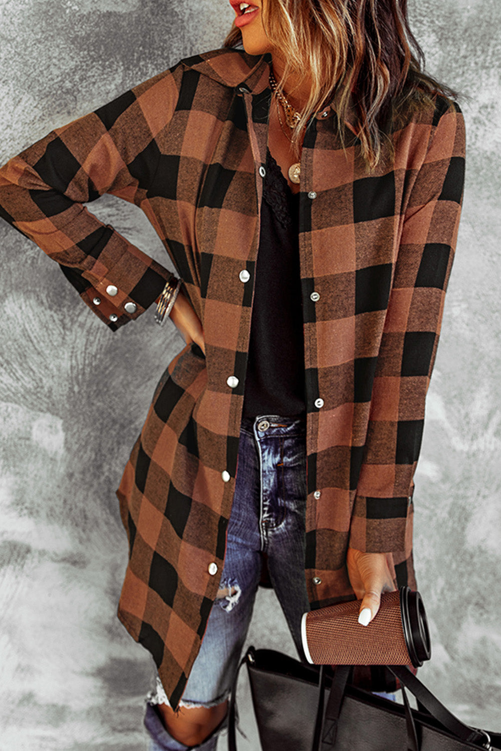 Brown Turn-down Collar Plaid Shirt Coat