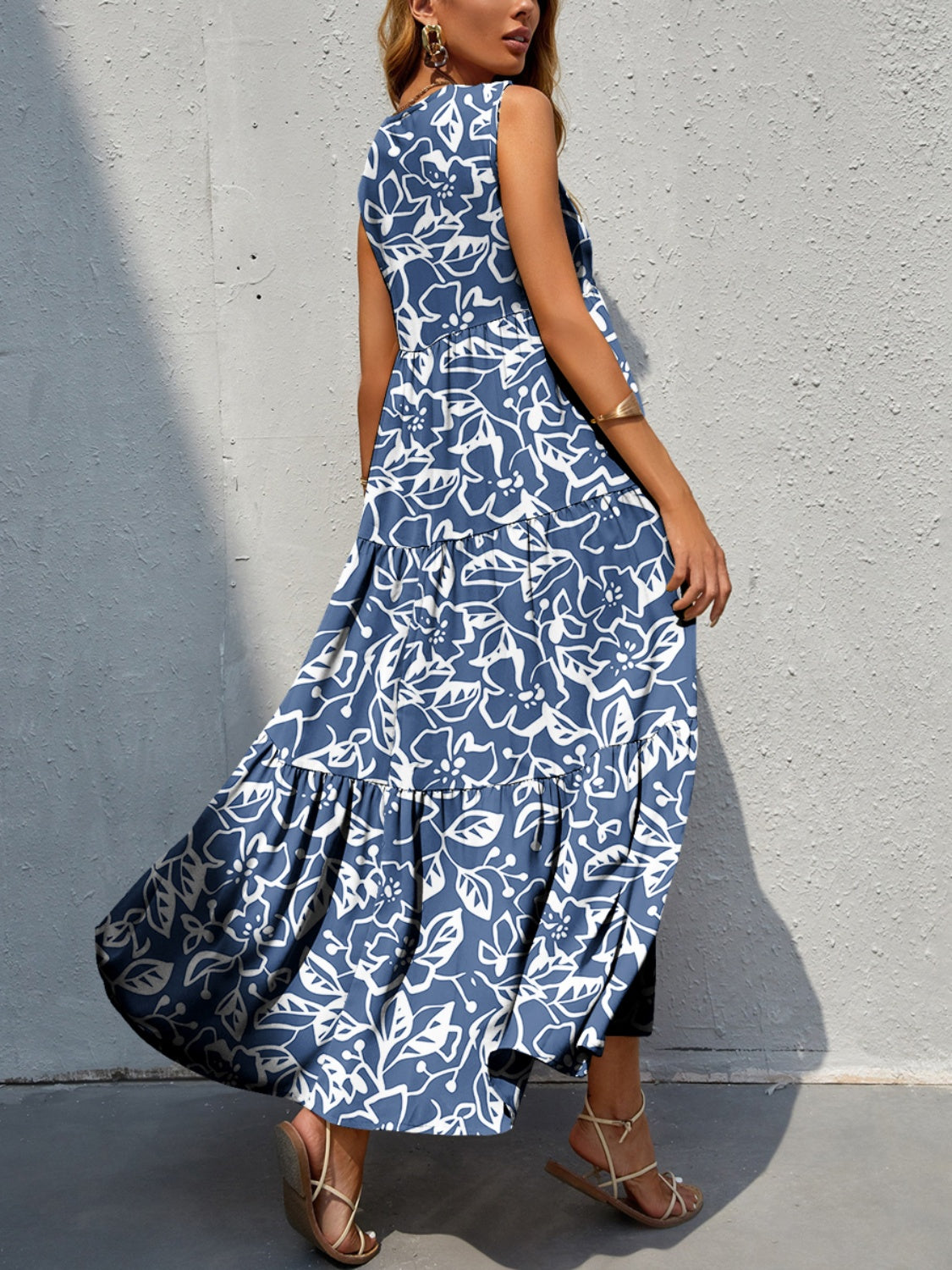 Tiered Printed V-Neck Sleeveless Dress