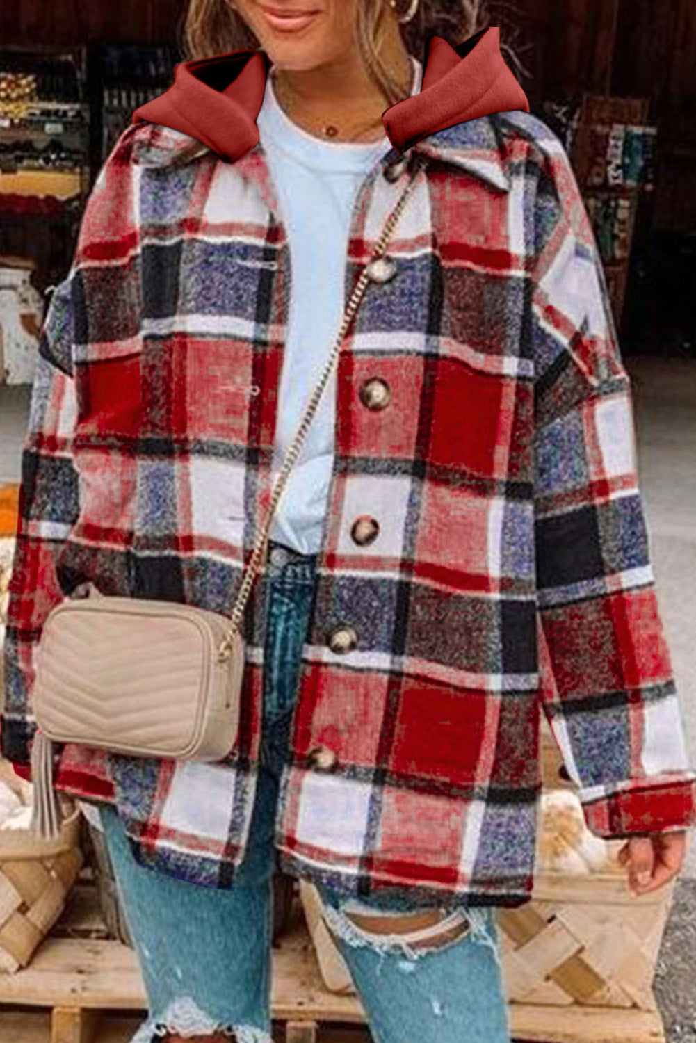 Red Hooded Plaid Button Front Shacket