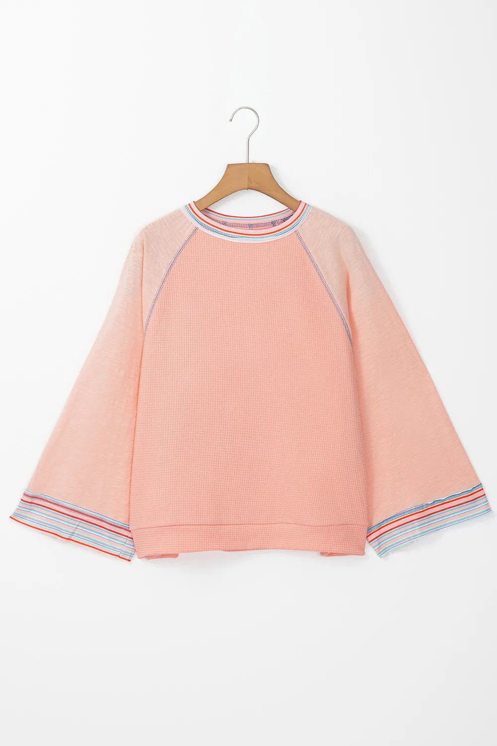 Waffle-Knit Round Neck Long Sleeve Top