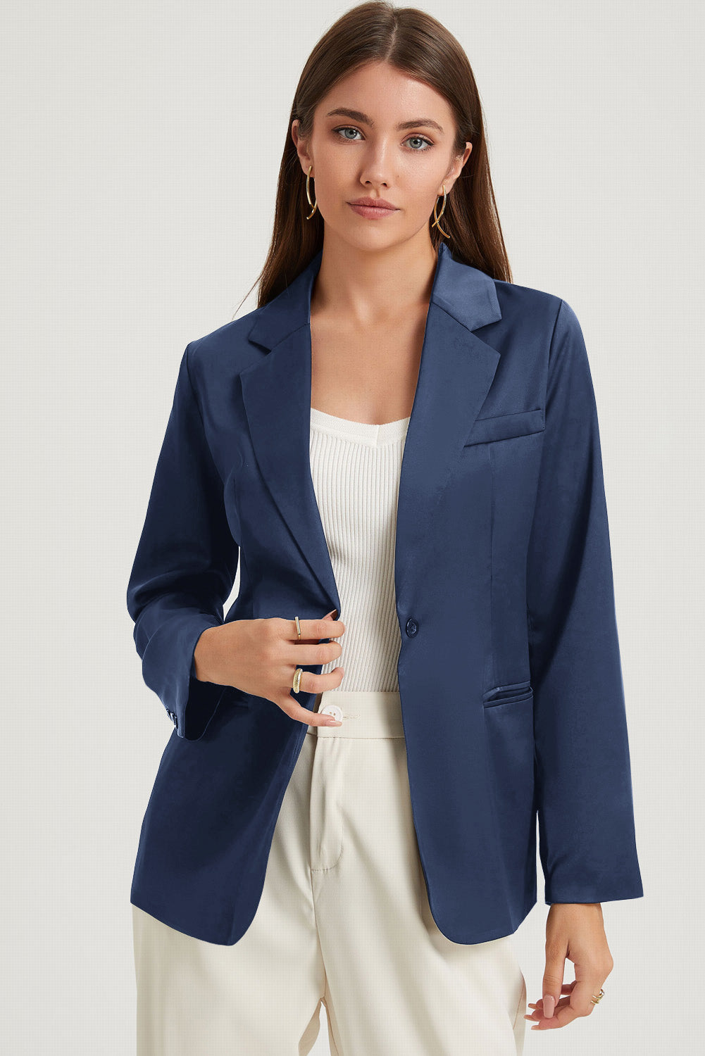 Blue Pocketed Single Button Lapel Neck Blazer