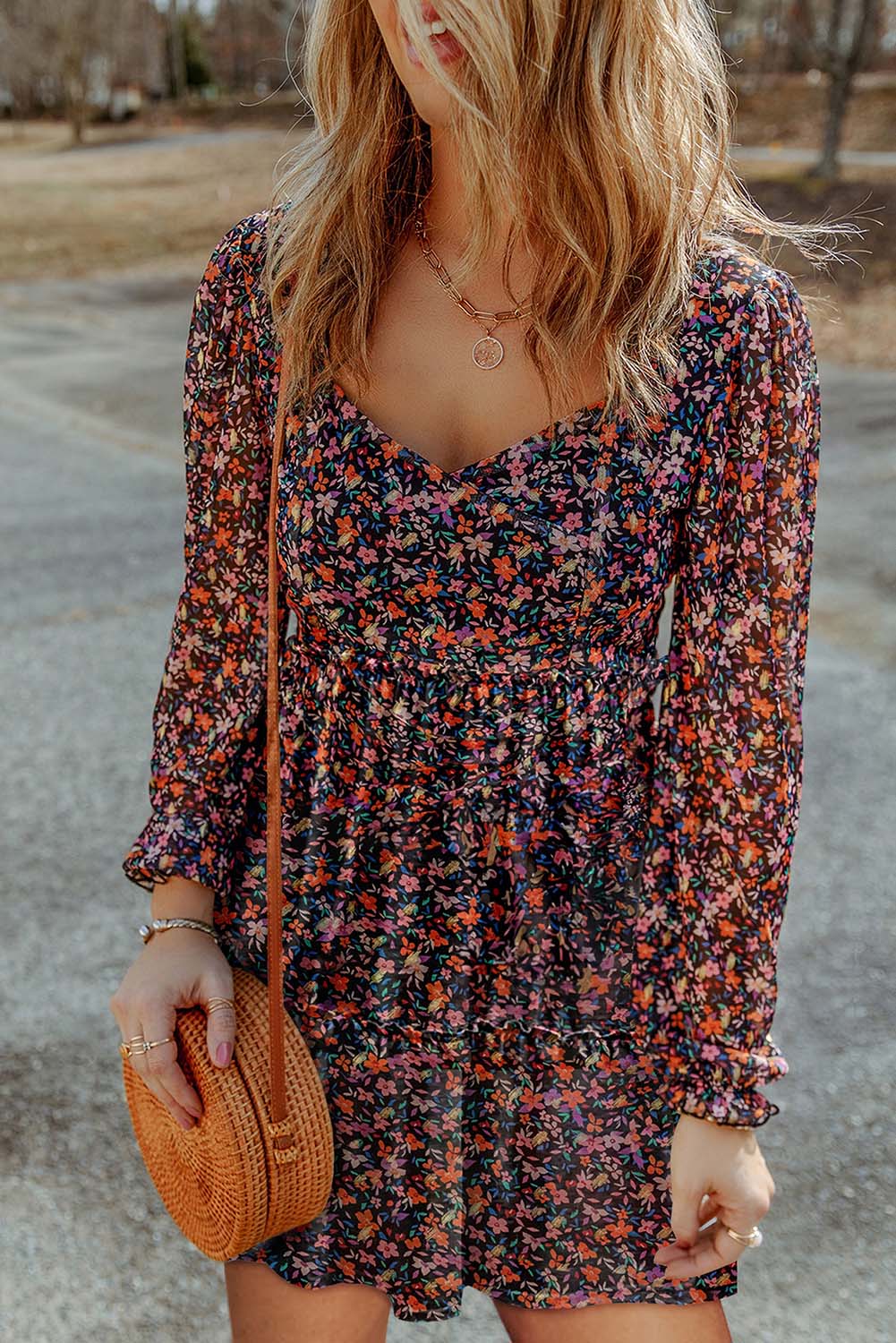 Wrapped V Neckline Long Sleeve Floral Dress