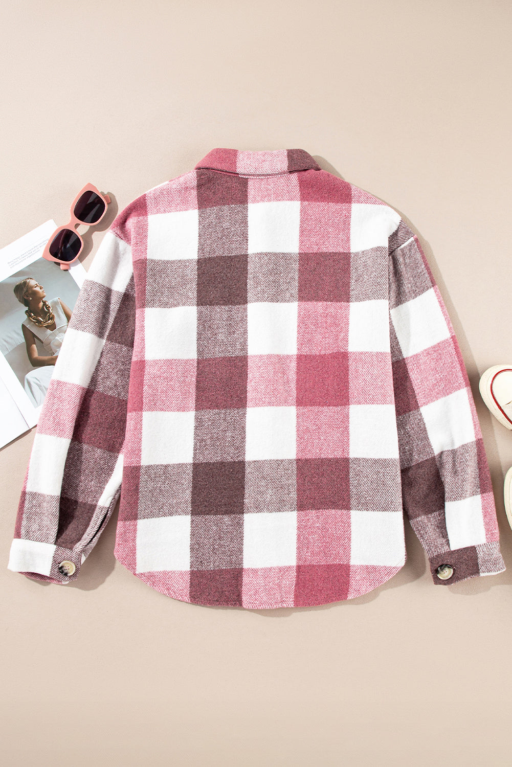 Plaid Color Block Buttoned Long Sleeve Jacket with Pocket