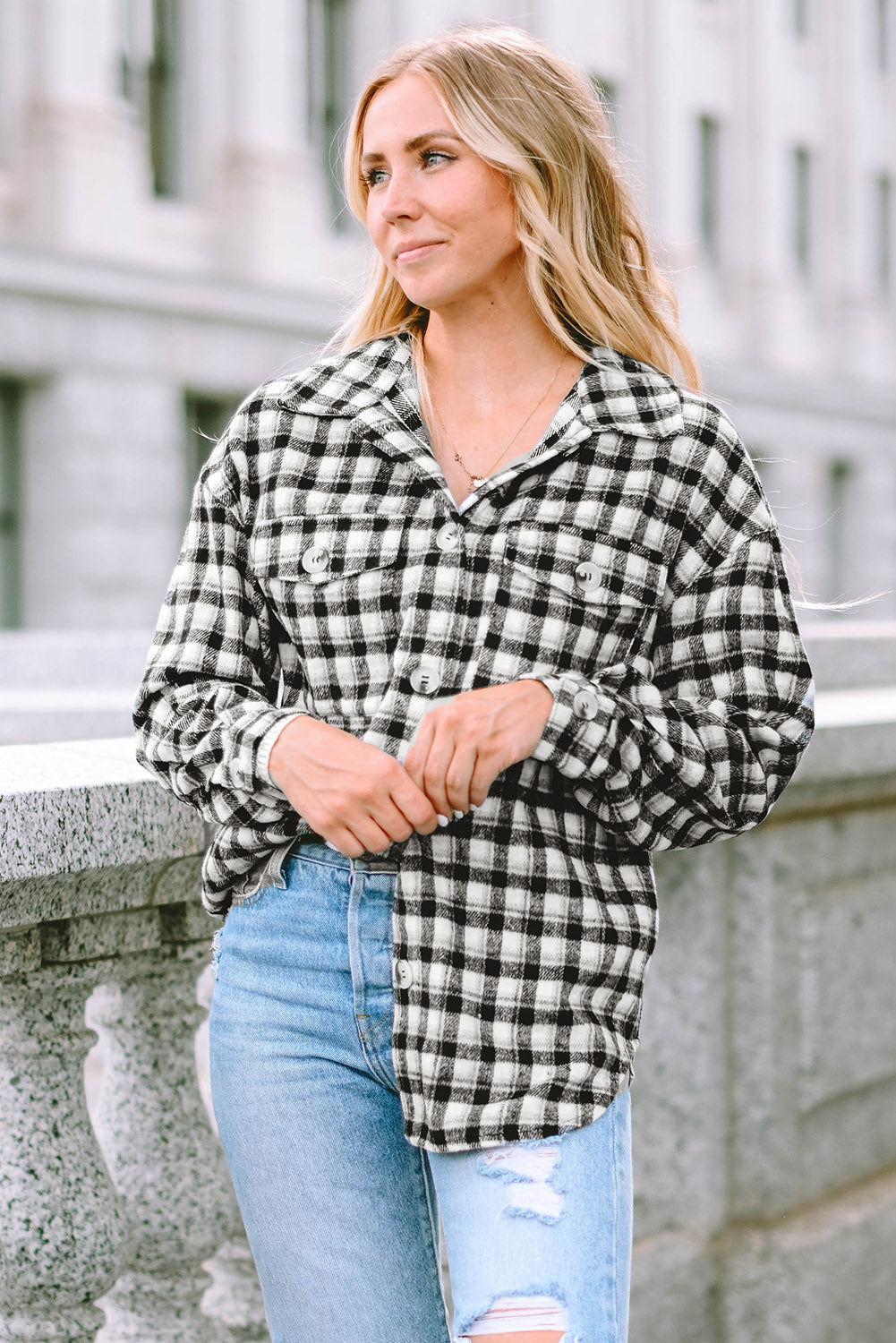 Black Plaid Print Chest Pockets Buttoned Tunic Shacket