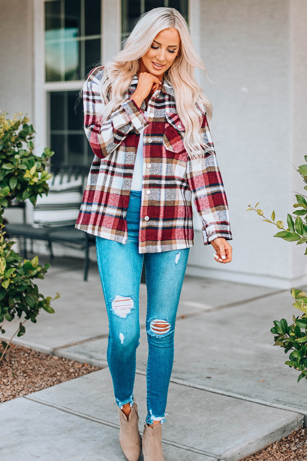 Red Geometric Plaid Print Pocketed Shacket