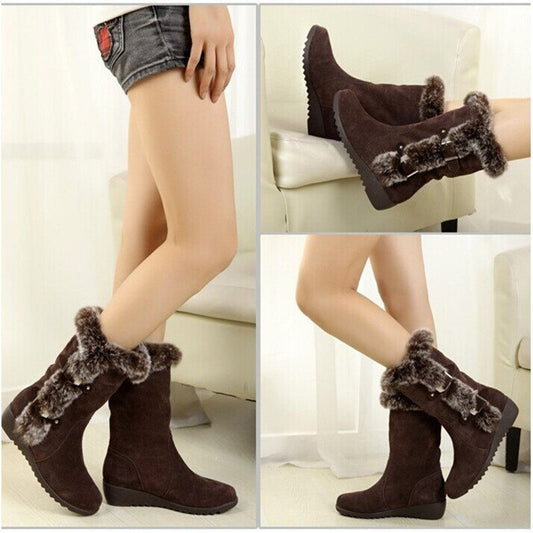 New Women Casual Fur Mid Calf Boots Solid Color Winter Snow Leather