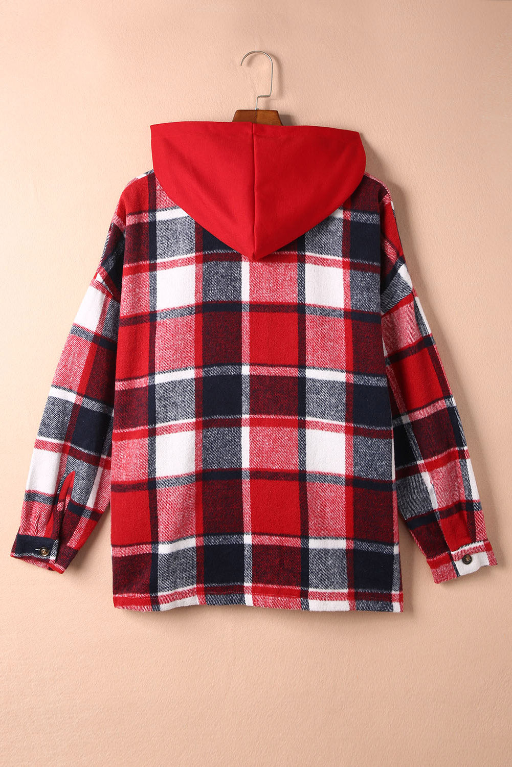 Red Hooded Plaid Button Front Shacket