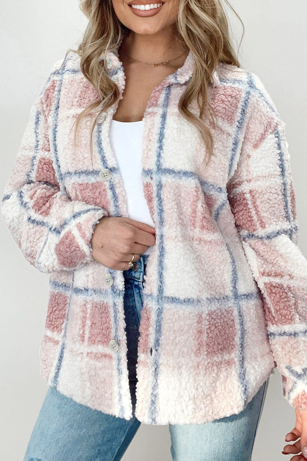 Multicolor Checker Print Turn Down Collar Sherpa Shacket