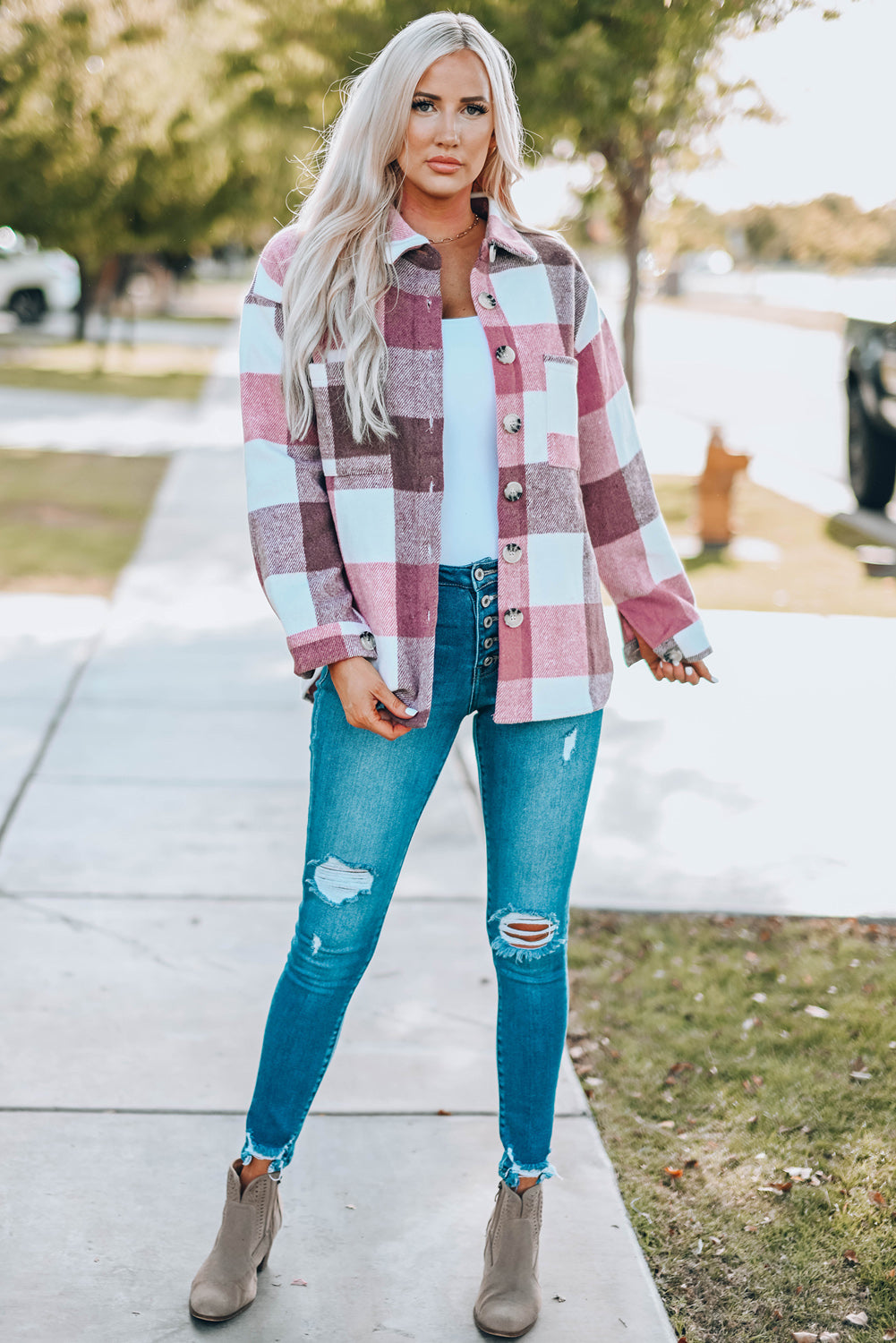 Plaid Color Block Buttoned Long Sleeve Jacket with Pocket