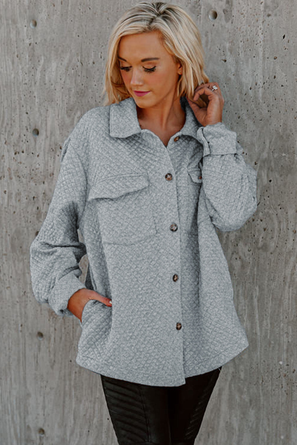 Gray Lattice Texture Retro Flap Pocket Button Shacket