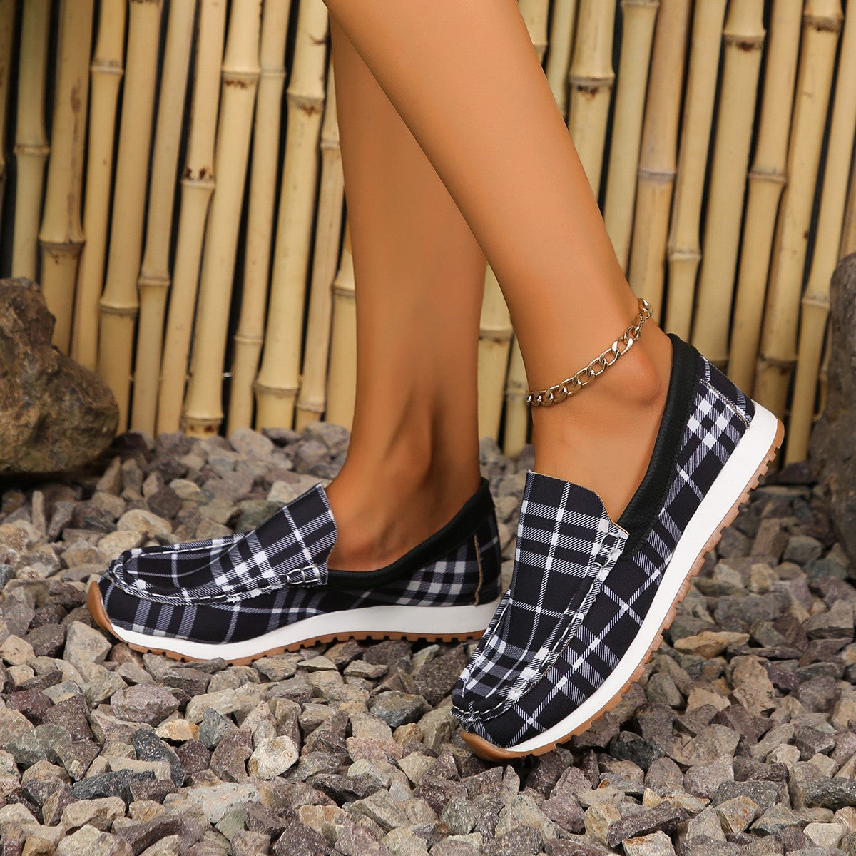 Plaid Round Toe Slip-Ons