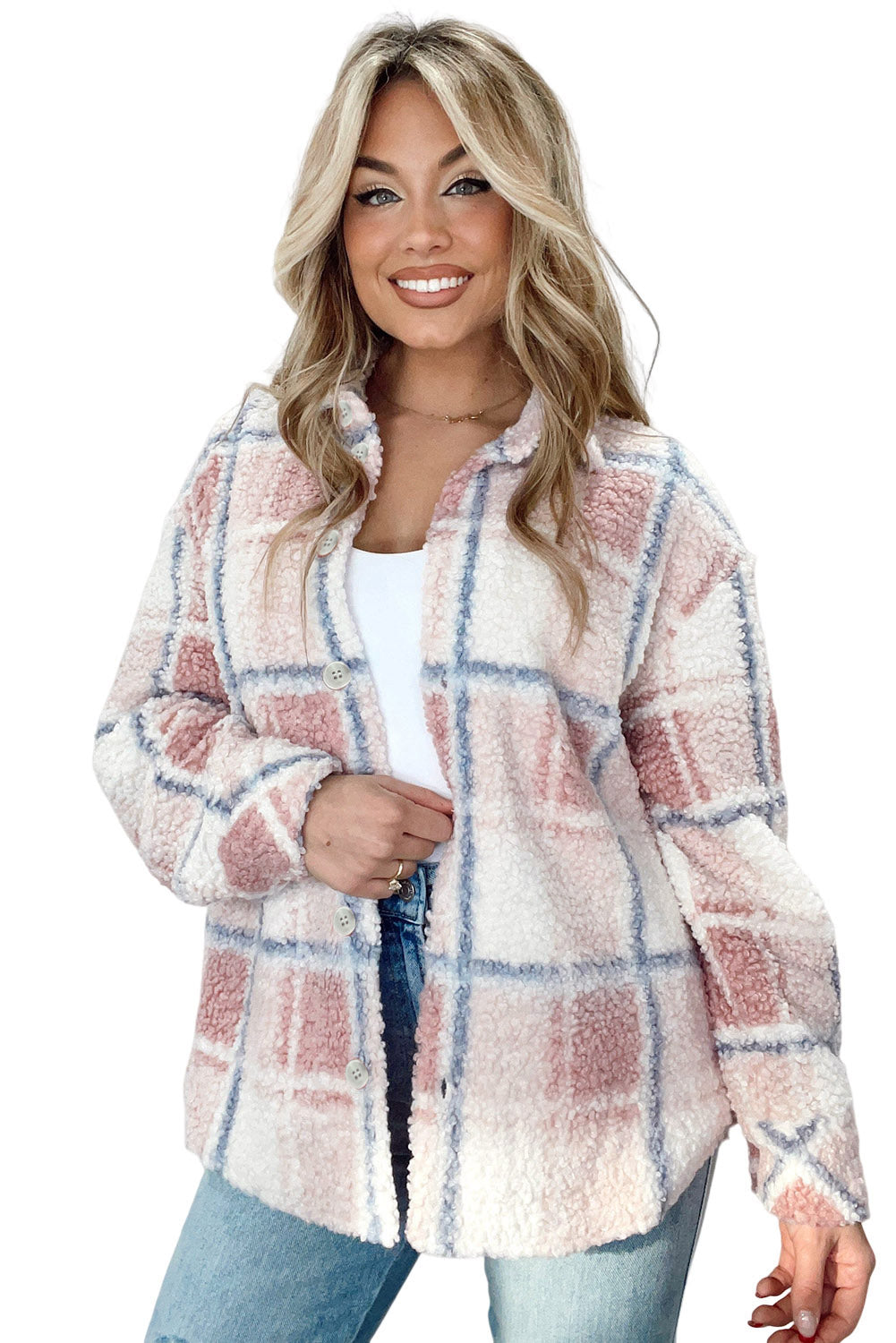 Multicolor Checker Print Turn Down Collar Sherpa Shacket