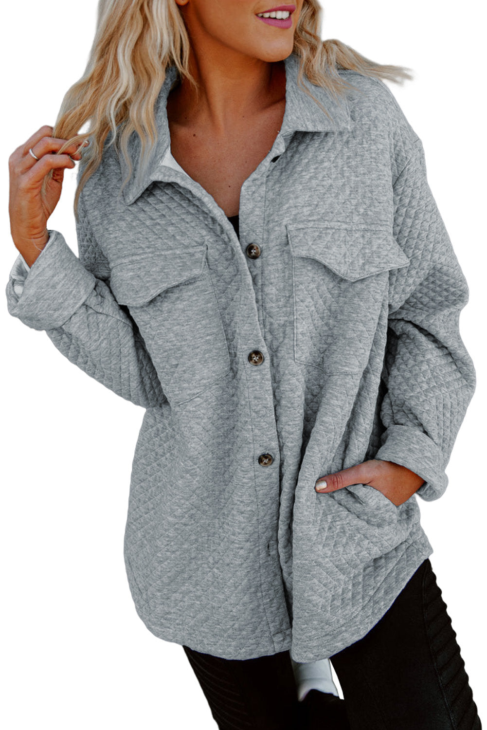 Gray Lattice Texture Retro Flap Pocket Button Shacket