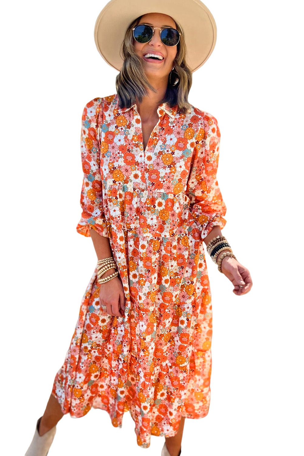 Multicolor Boho Floral Collared Long Sleeve Ruffled Dress