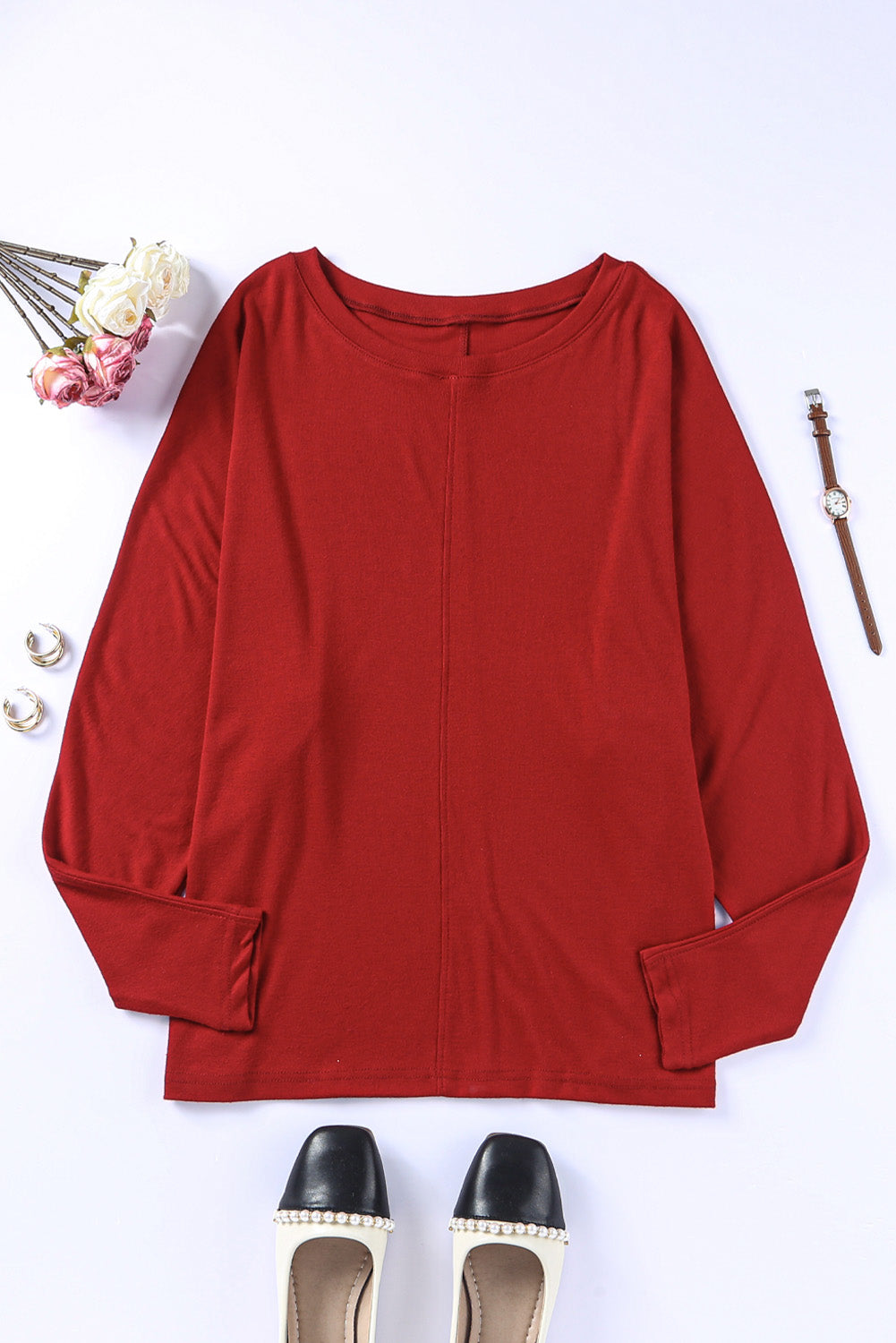 Red Solid Color Patchwork Long Sleeve Top