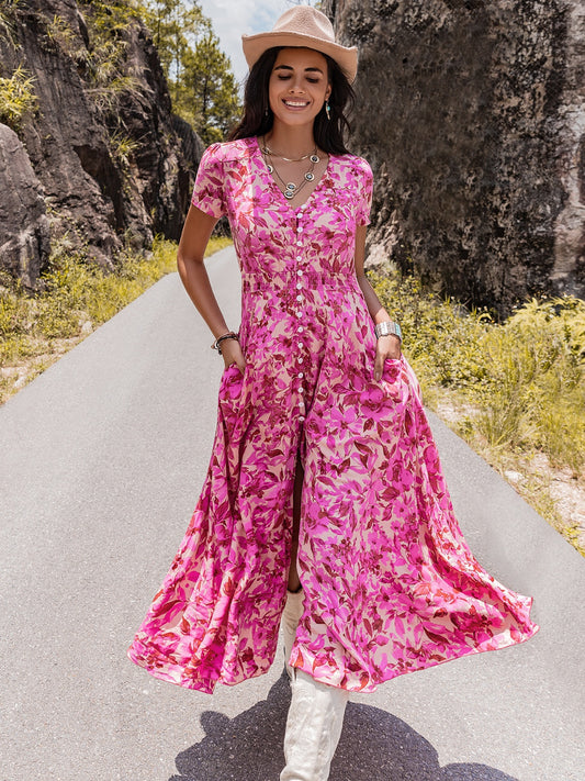 Floral V-Neck Slit Dress