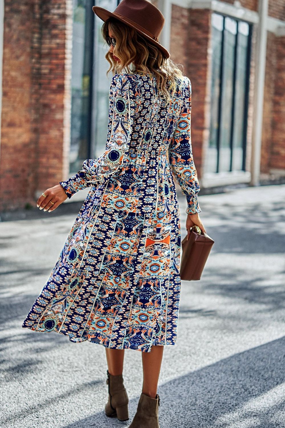 Smocked Round Neck Lantern Sleeve Midi Dress