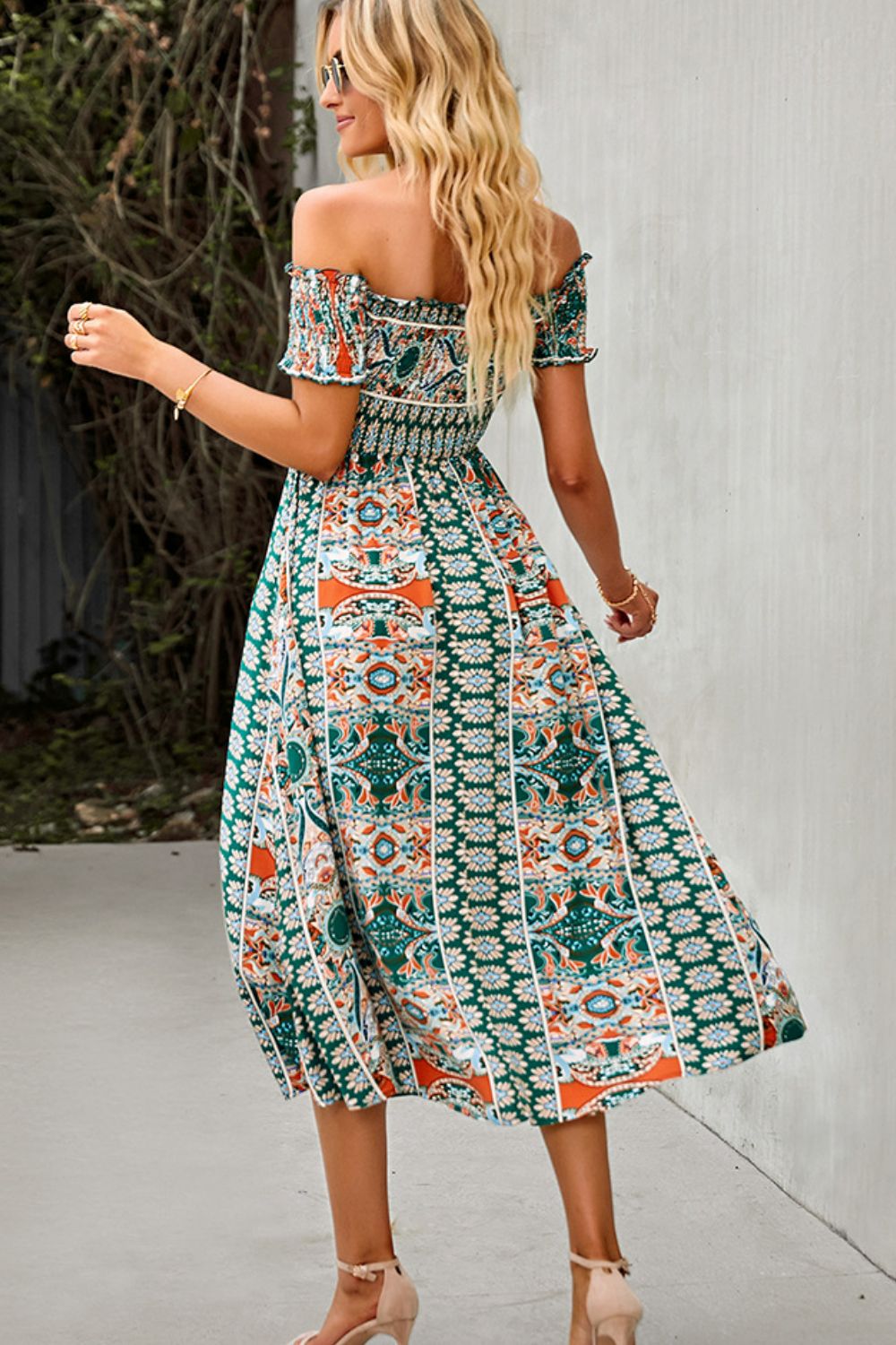 Bohemian Off-Shoulder Frill Trim Split Dress