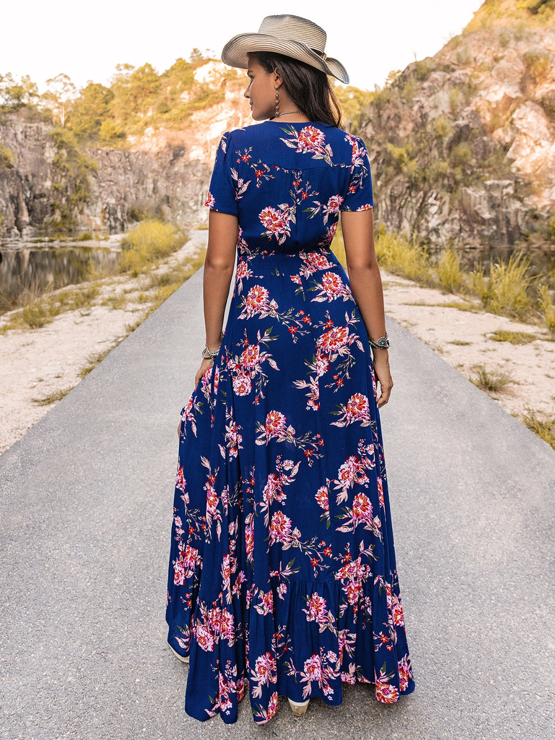 V-Neck Short Sleeve Maxi Dress