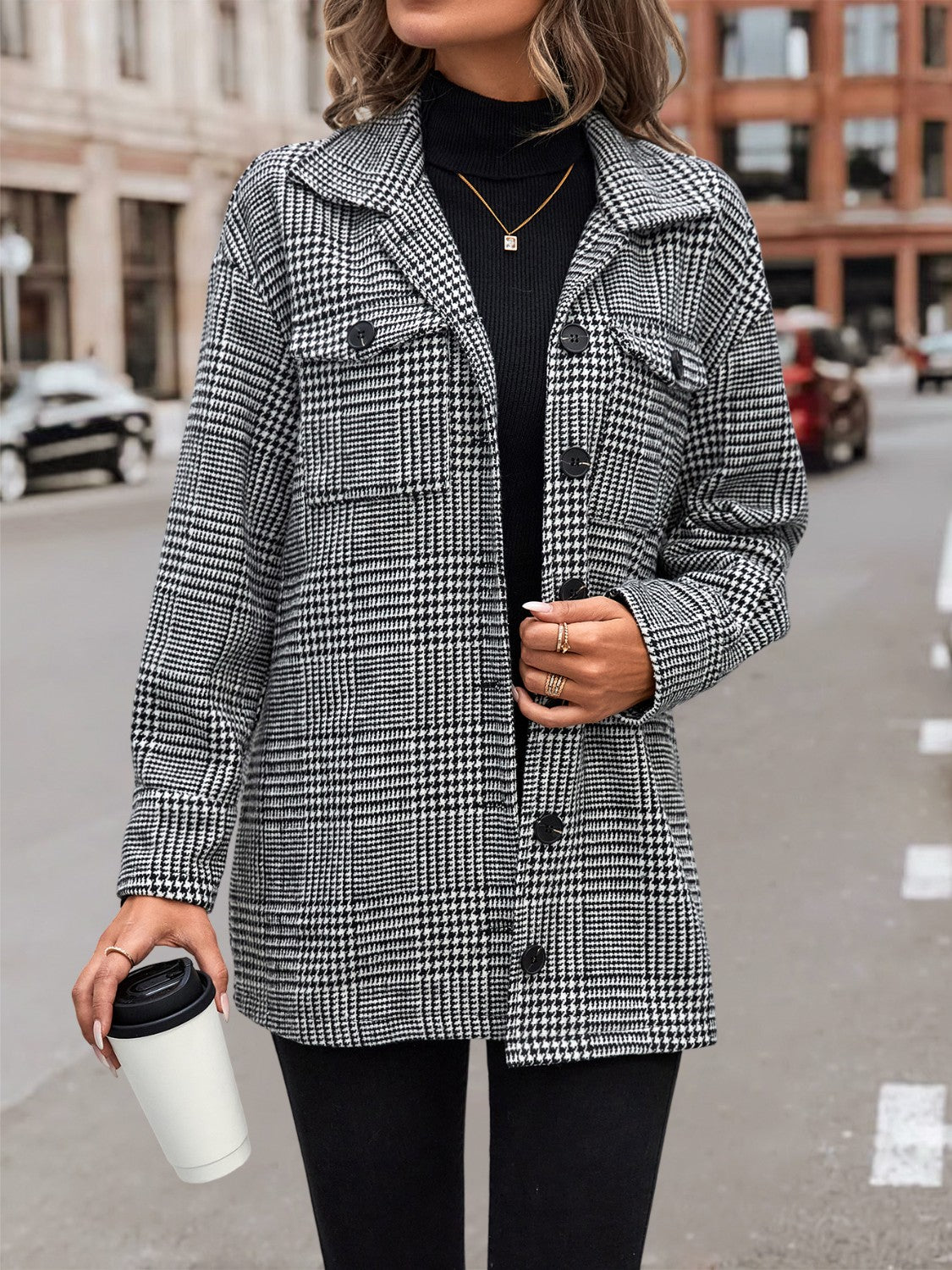 Houndstooth Drop Shoulder Collared Jacket