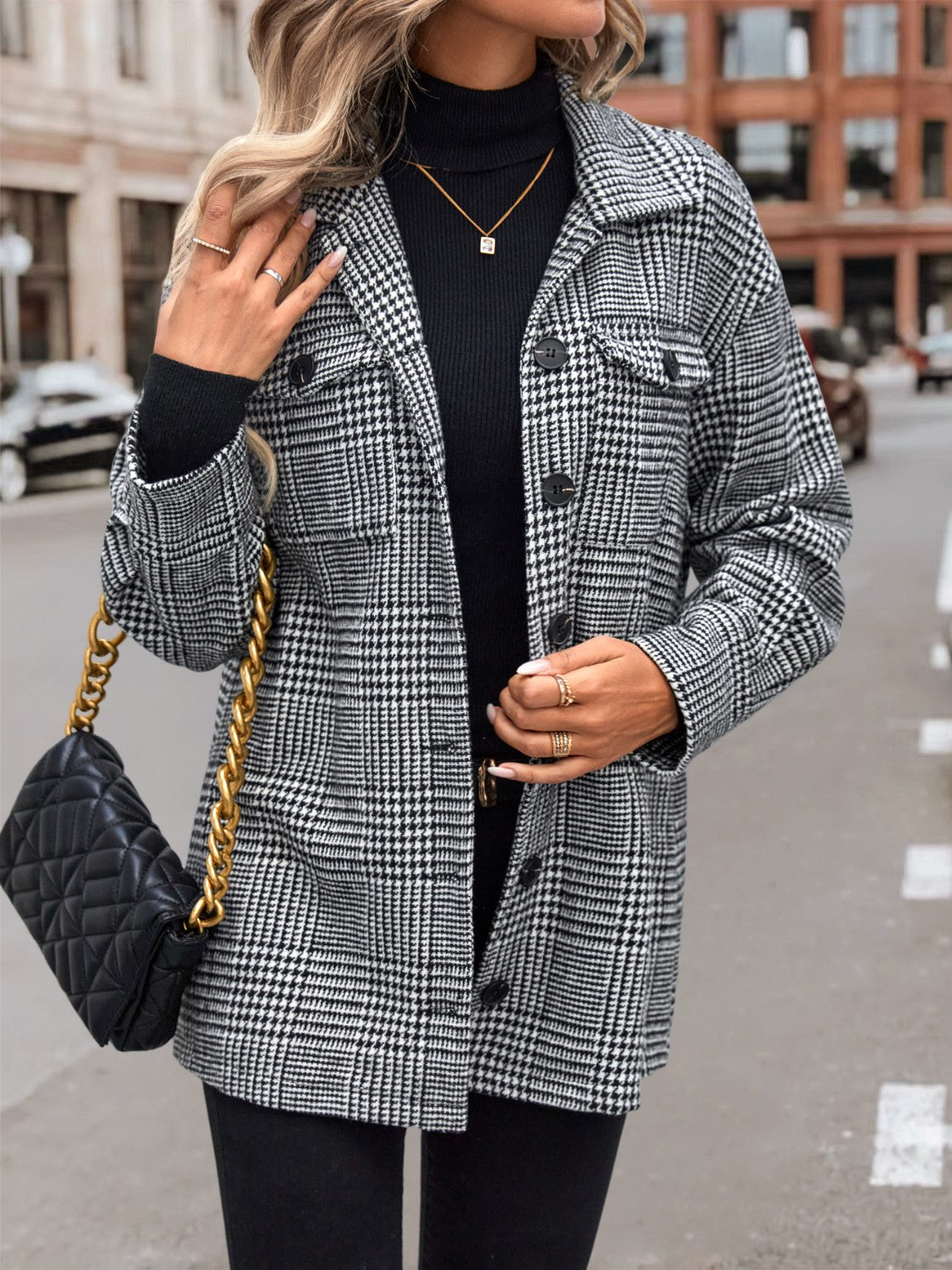 Houndstooth Drop Shoulder Collared Jacket