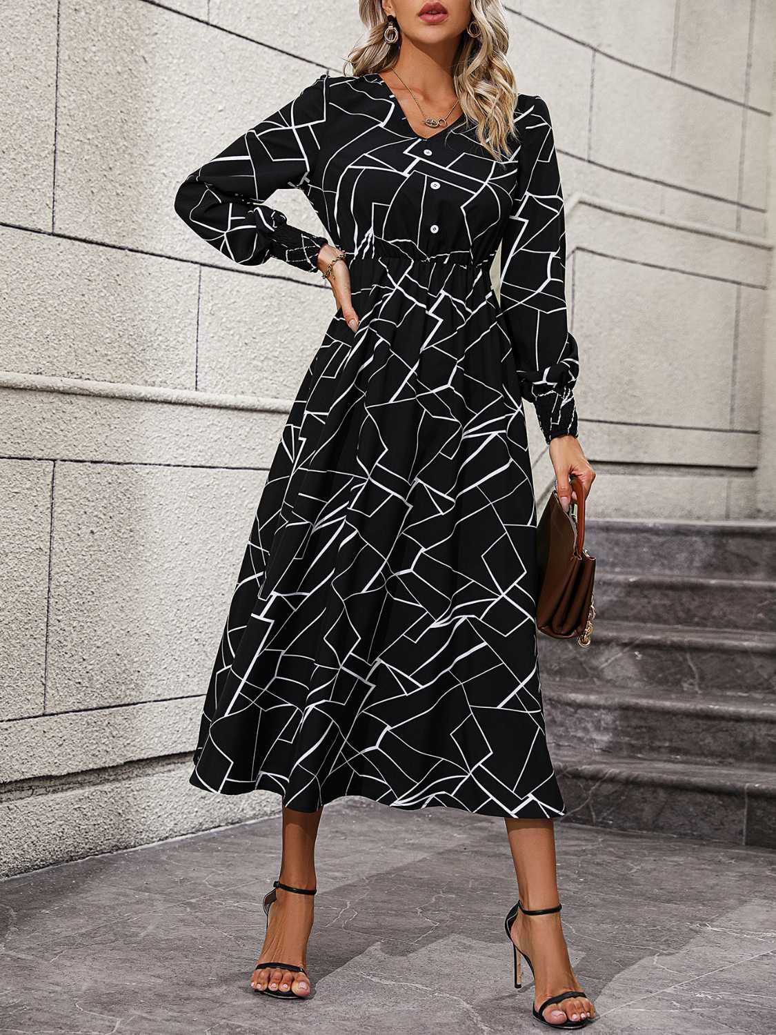 Geometric V-Neck Lantern Sleeve Dress