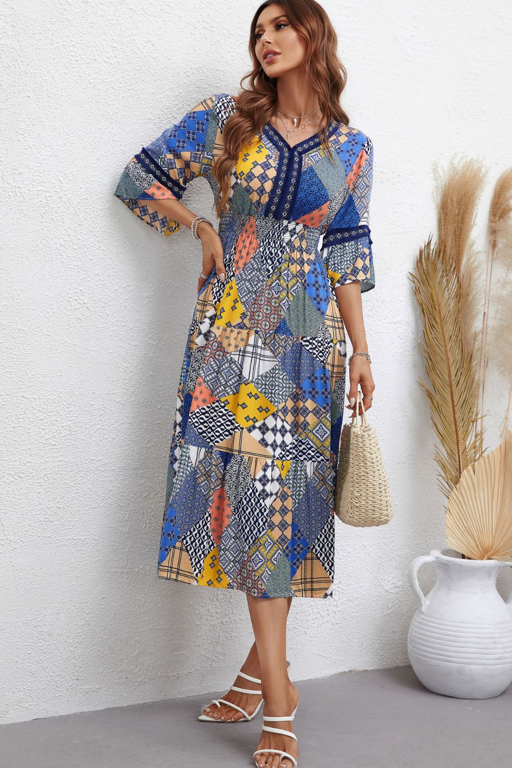 Patchwork V-Neck Tiered Midi Dress