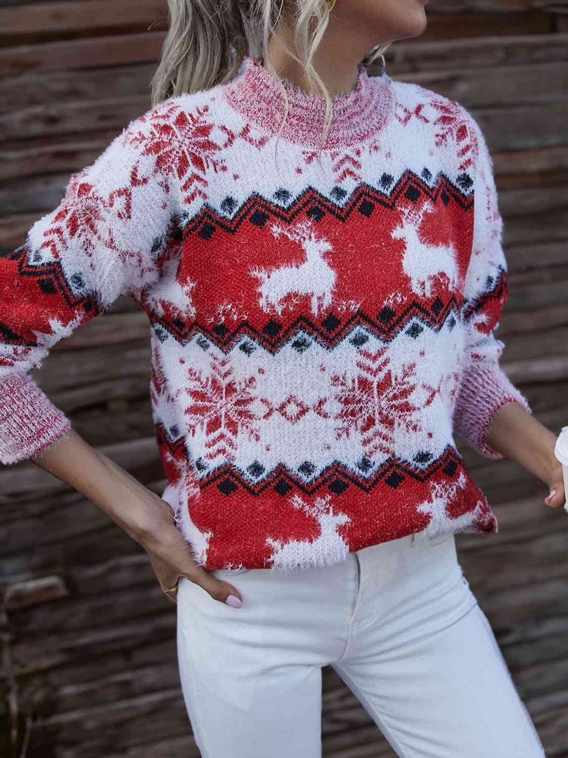 Reindeer & Snowflake Round Neck Sweater